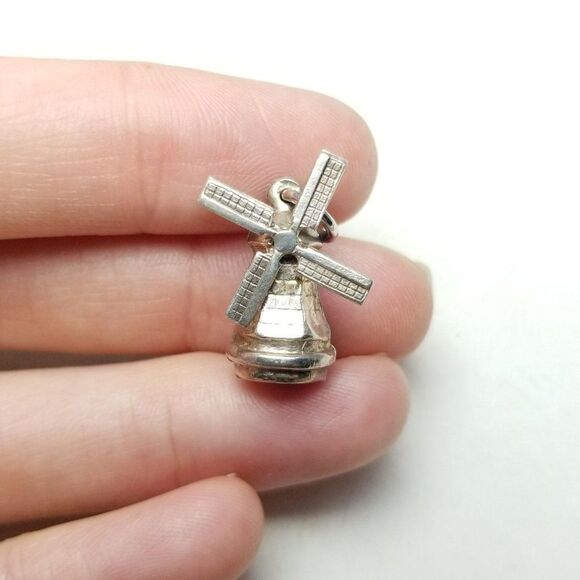 Vintage Windmill Charm Pendant, Silver Tone Unmarked Hollow, Moving Parts - Picture 2 of 6
